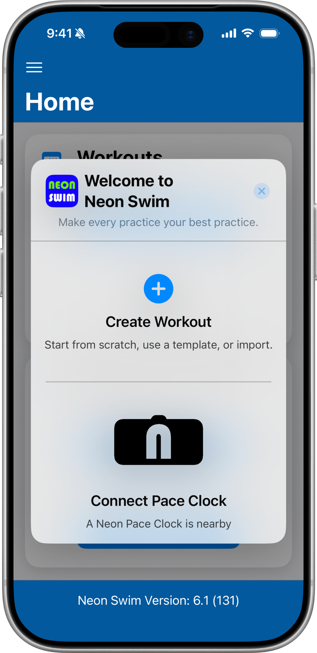 The Neon Swim app onboarding walkthrough on first launch.