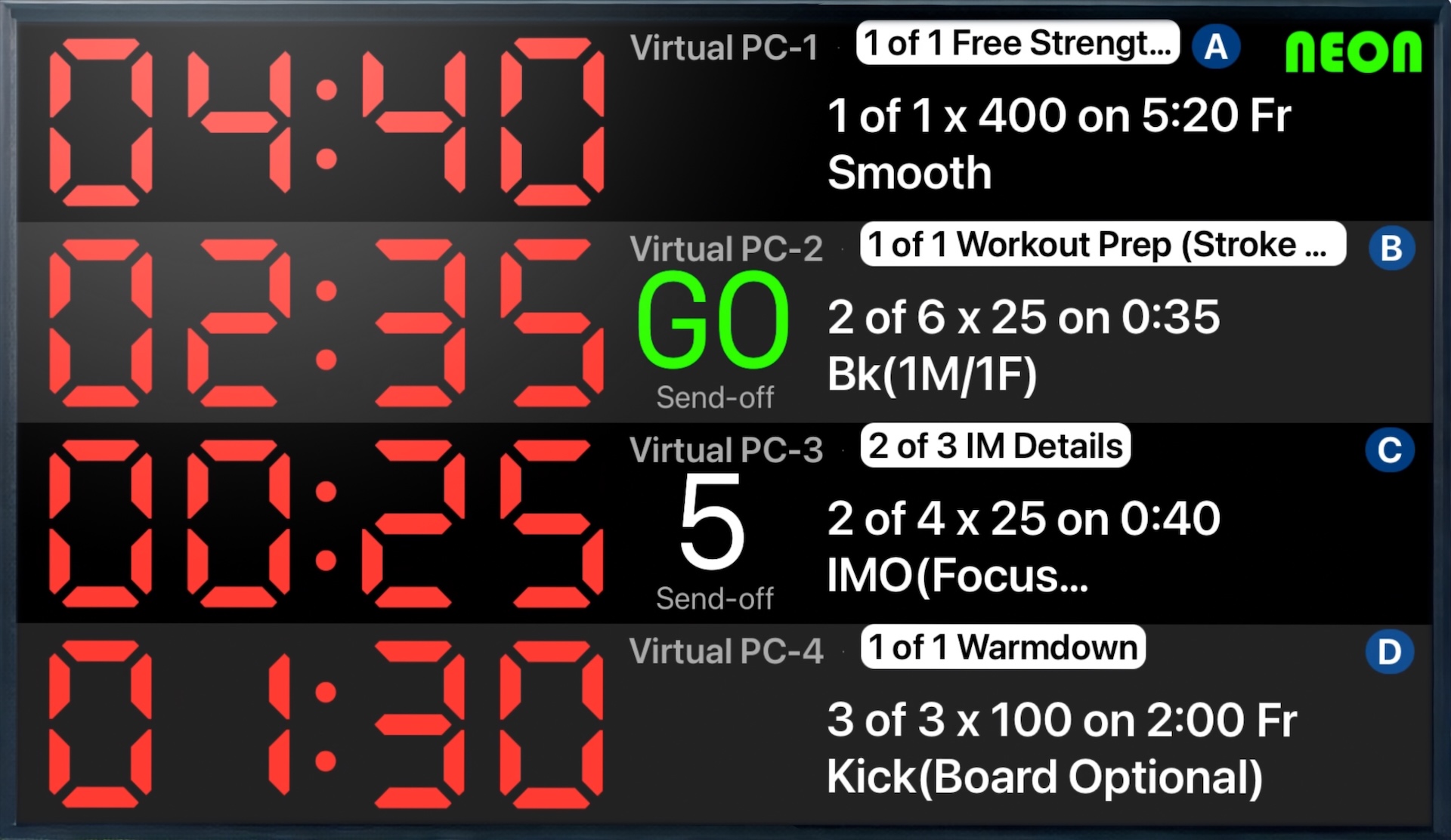 Four pace clocks on one TV, each running its own interval